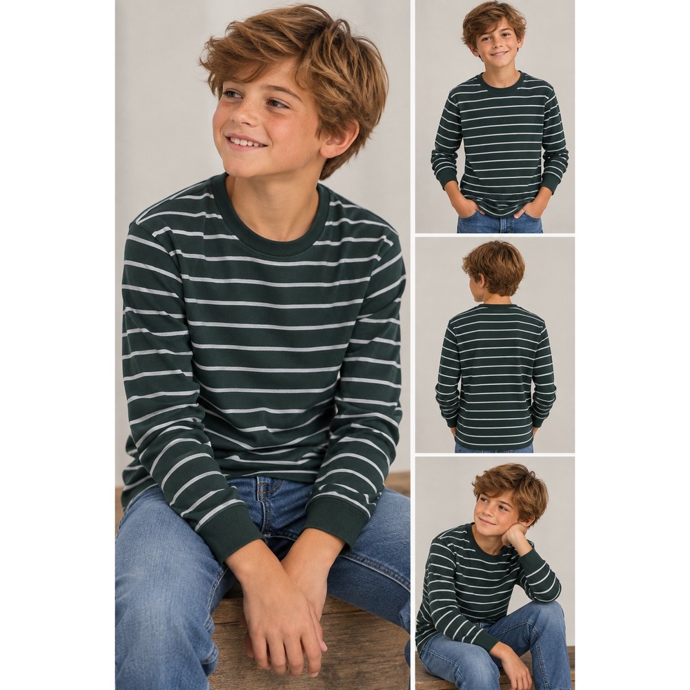 Place Green and White Striped Long Sleeve Casual Cotton Boys Thermal Shirt XXL